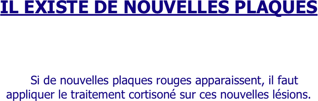 

IL EXISTE DE NOUVELLES PLAQUES






   Si de nouvelles plaques rouges apparaissent, il faut          appliquer le traitement cortisoné sur ces nouvelles lésions.
